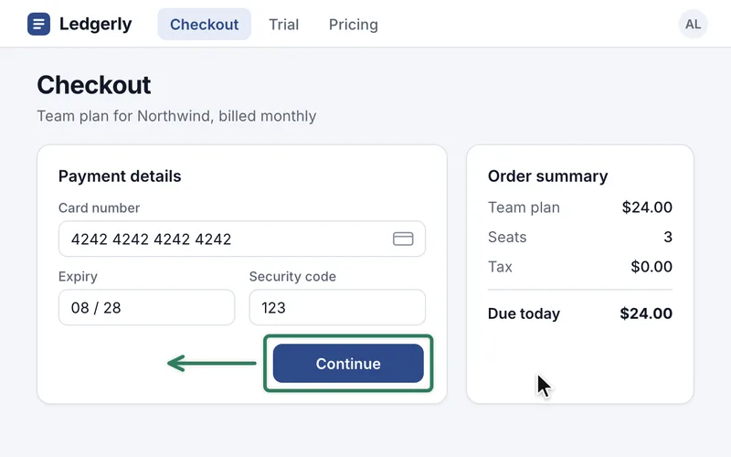 Payment card with a box drawn around the Continue button and an arrow pointing left to the card's center
