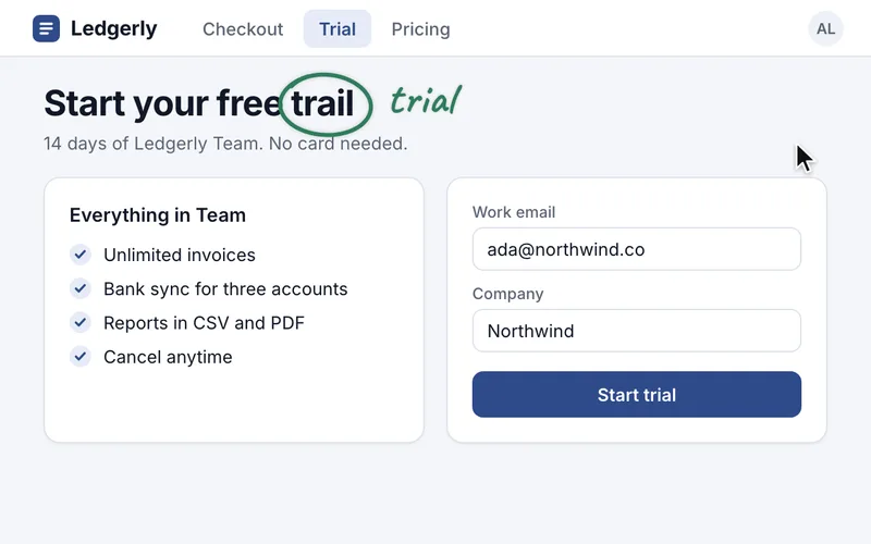 Trial heading with the word trail circled and trial typed beside it