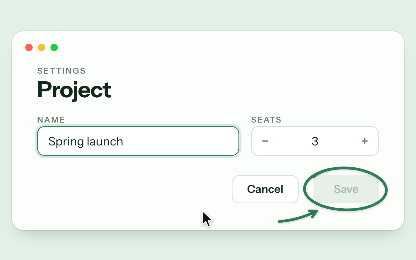 Crop of the Save button, circled, with the drawn arrow pointing at it